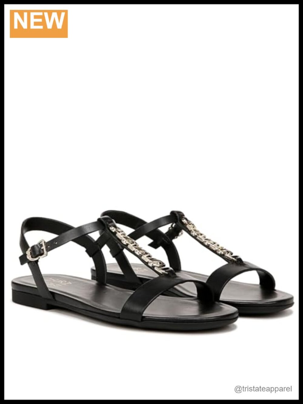 Womens Leather Flat Sandals Chain Link Detail T-Strap Comfort Work